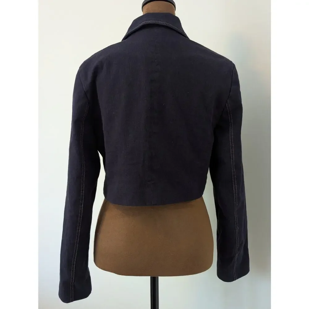Zara Cropped Suit Jacket Coat Dark Blue Stretchy Denim Button Up Sz M